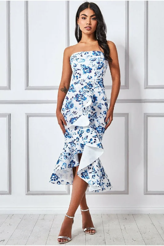 Goddiva Bow Bandeau Midi With Ruffles - Blue Print Tunics Running lightweight