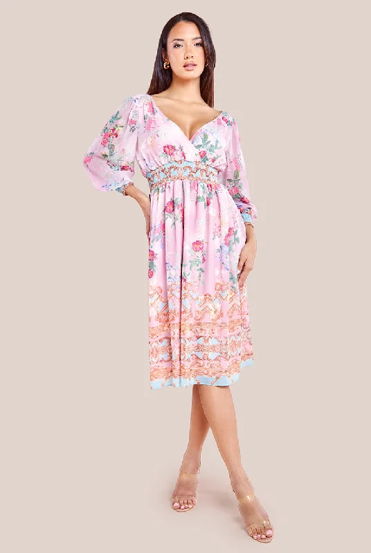 Goddiva Chiffon Wrap Border Floral Print Midi Dress - Pink sweetheart Neckline Romantic