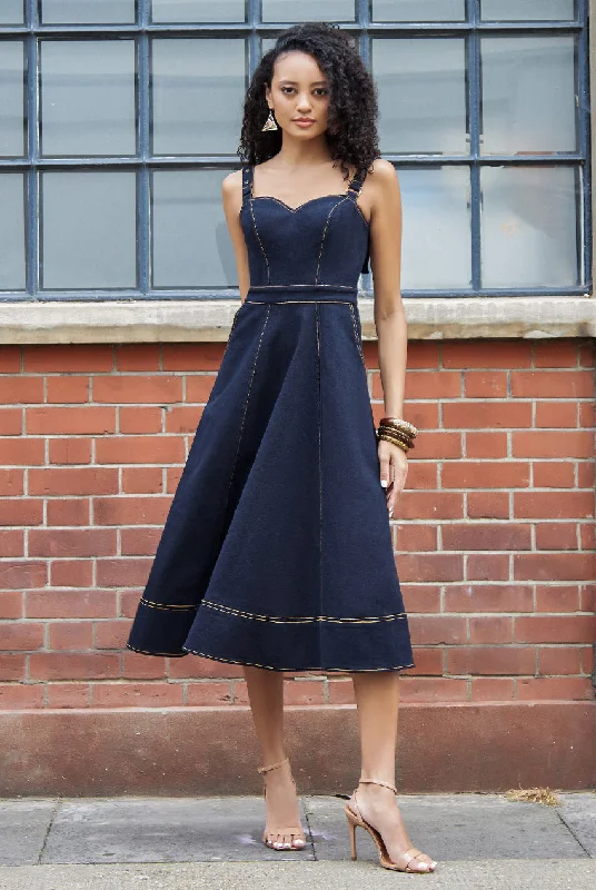 Goddiva Denim Buckle Strap A-line Midi Dress - Navy Denim Tunics Evening elegant