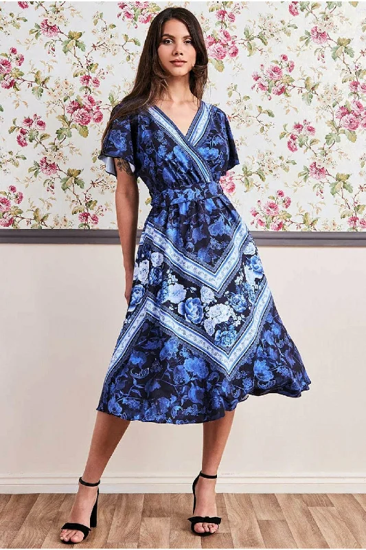 Goddiva Flutter Sleeve Wrap Style Midi Dress - Navy Tunics Velvet soft