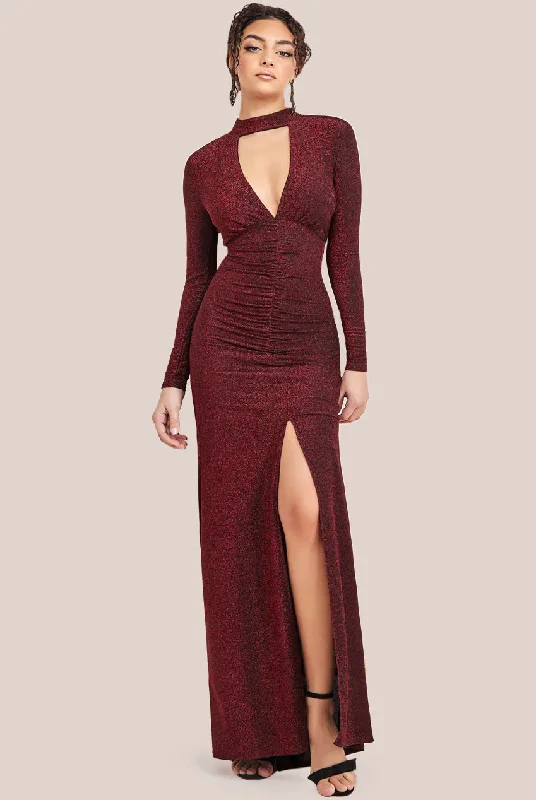 Goddiva High Neck Keyhole Thigh Split Maxi Dress - Red Tunics Mesh breathable