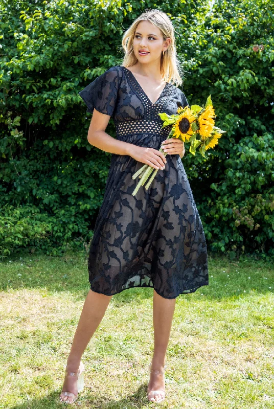 Goddiva Jacquard Lurex Burnout A-Line Midi Dress - Black Tunics Cozy comfortable