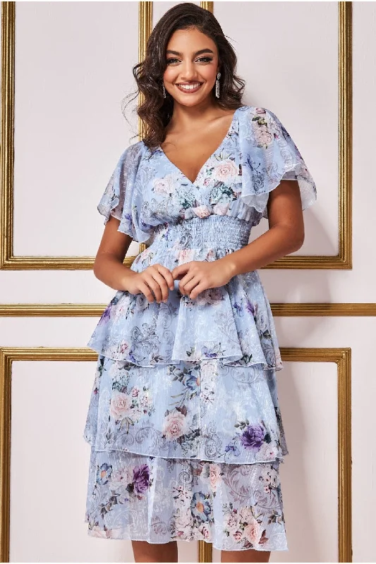 Goddiva Layered Floral Midi Flutter Sleeves - Blue Floral Tunics Business professional