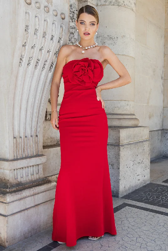 Goddiva Scuba Crepe Bandeau Rose Maxi Dress - Red Tunics Gym athletic