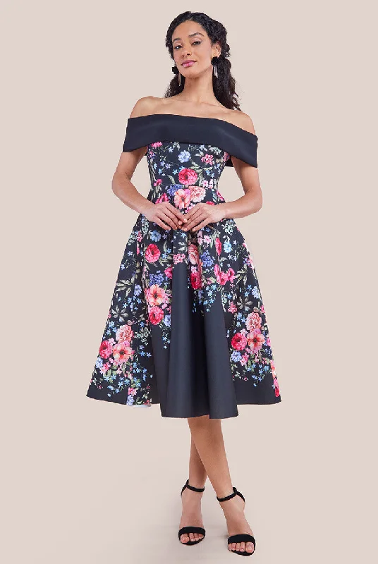 Goddiva Scuba Foam Floral Bardot Midi Dress - Black Tunics Office stylish