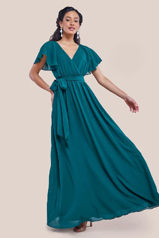 Goddiva Sustainable Chiffon Flutter Sleeve Wrap Maxi Dress - Green Tunics Wedding white