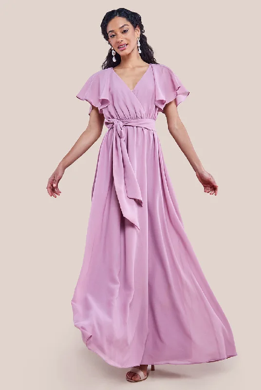 Goddiva Sustainable Chiffon Flutter Sleeve Wrap Maxi Dress - Lavender Tunics Party sparkling