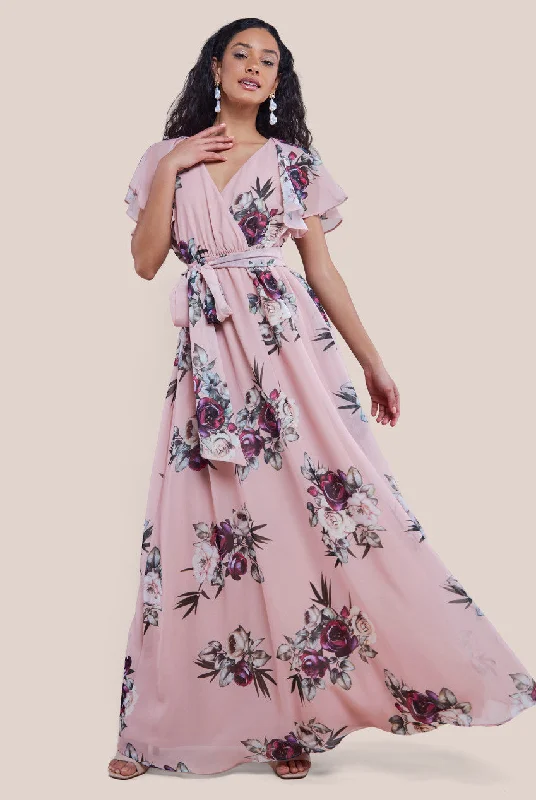 Goddiva Sustainable Printed Flutter Sleeve Maxi Dress - Peach Tunics Prom sequined