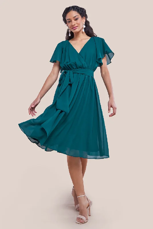 Goddiva Sustainable Flutter Sleeve Chiffon Wrap Midi Dress - Green Tunics Ceremony elegant