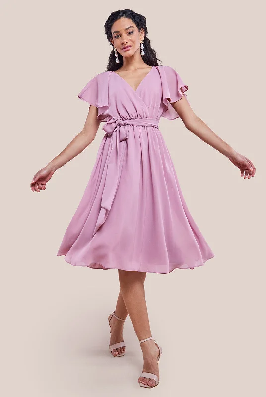 Goddiva Sustainable Flutter Sleeve Chiffon Wrap Midi Dress - Lavender Tunics Formal black