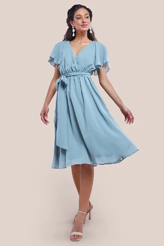 Goddiva Sustainable Flutter Sleeve Chiffon Wrap Midi Dress - Sage Green Tunics Occasion special