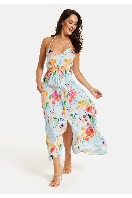 Liquorish Blue Floral Print Midi Asymmetrical Dress With Open Back Tunics Gym athletic