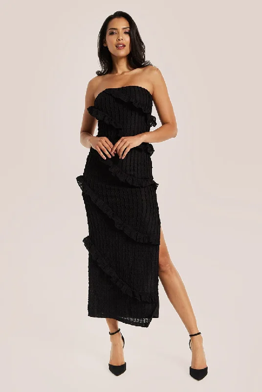 Liquorish Diagonal Frilled Slit Detail Jersey Dress In Black Tunics Long Elegant