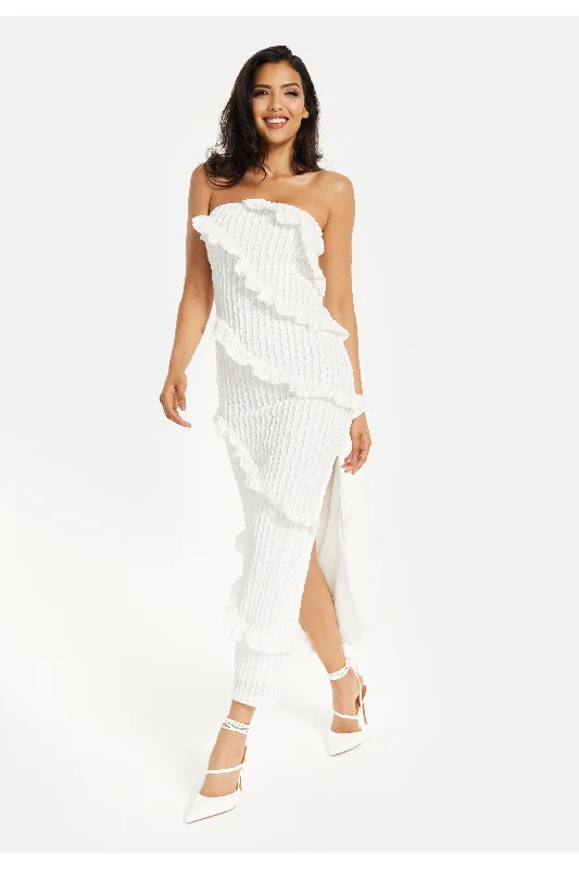 Liquorish Diagonal Frilled Slit Detail Jersey Dress In White Turtleneck Warm Winter