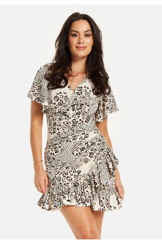 Liquorish Frilled Hem Ruched Detail Fake Wrap Mini Dress In Black And White Tunics Short Trendy