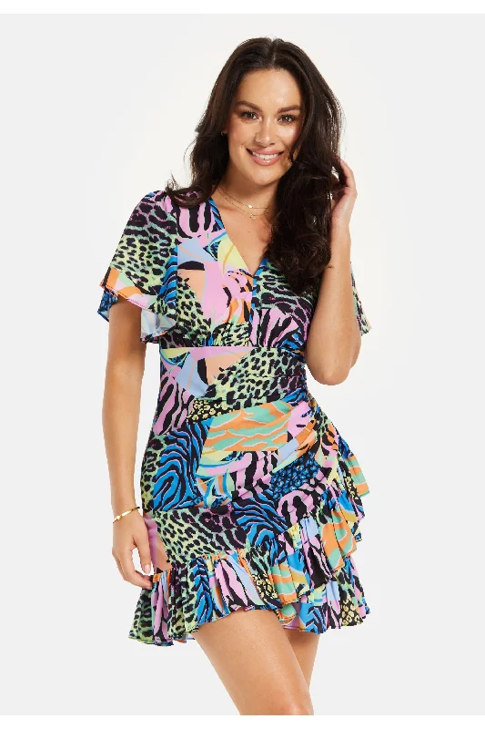 Liquorish Frilled Hem Ruched Detail Fake Wrap Mini Dress Tunic Top Casual