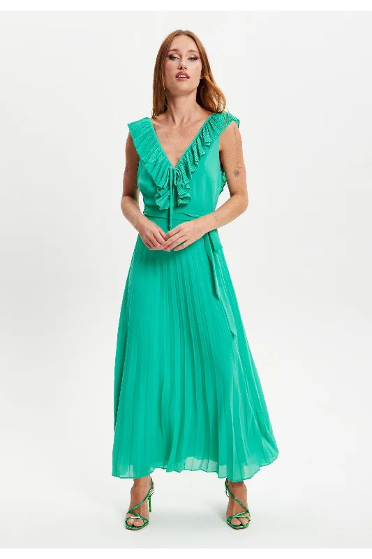 Liquorish Frilled V Neck Sleeveless Pleated Maxi Dress Tunics Velvet soft