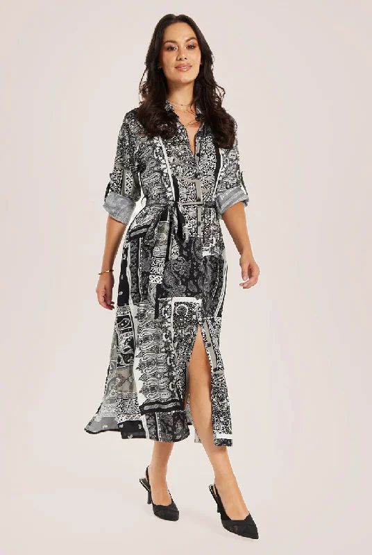 Liquorish Scarf Print Button Through Shirt Dress Turtleneck Neckline Stylish