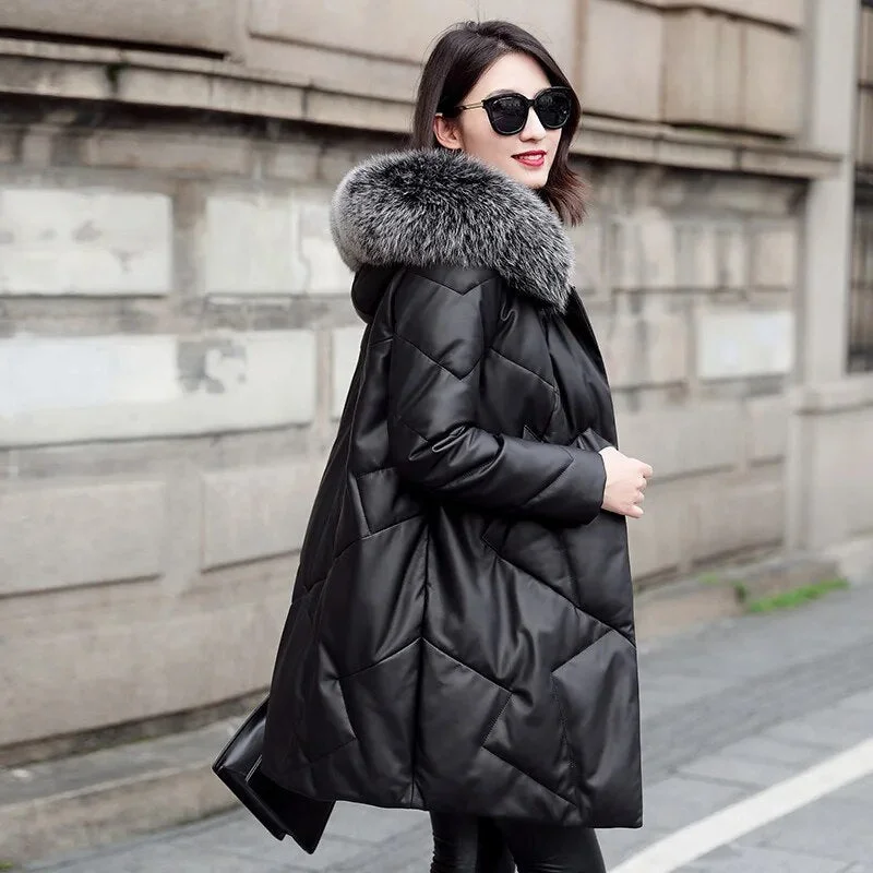 Genuine Leather Down Jacket Real Fur Parka Boho Fringe Cardigan