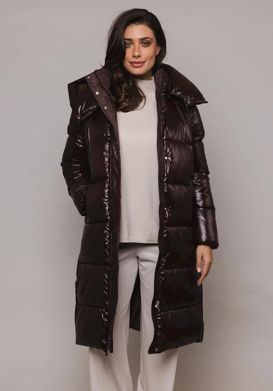 Rino & Pelle Joia High Shine Long Padded Coat, Prune Satin Silk Chiffon
