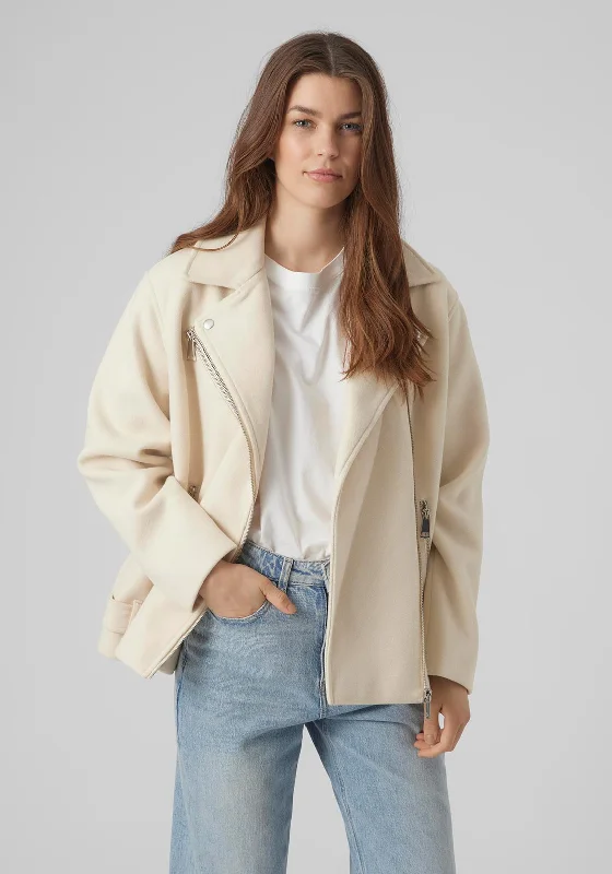 Vero Moda Emmy Soft Touch Biker Jacket, Oatmeal empire Basque Peplum