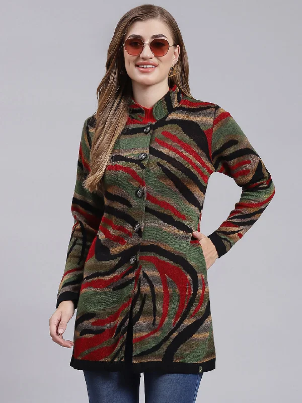 Women Black Jaquard Wool blend Knitted Coat Fur-Lined Aviator Coat