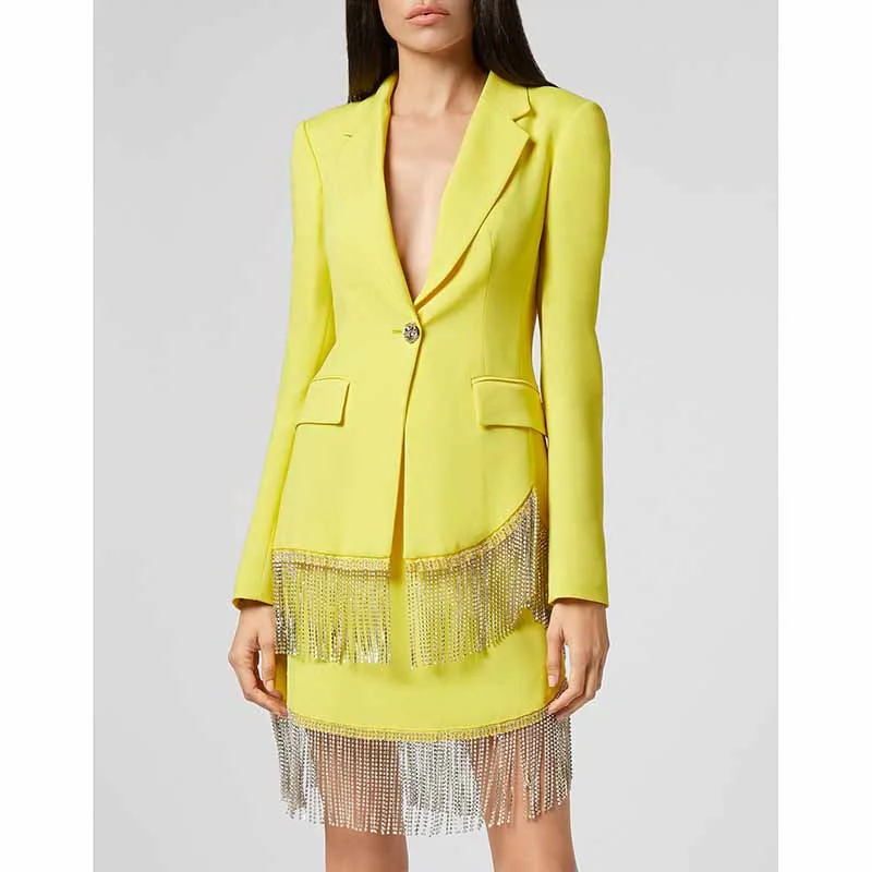 Women's Fitted Yellow Short Blazer  + Mini Skirt Suit Women's Vintage Jacket