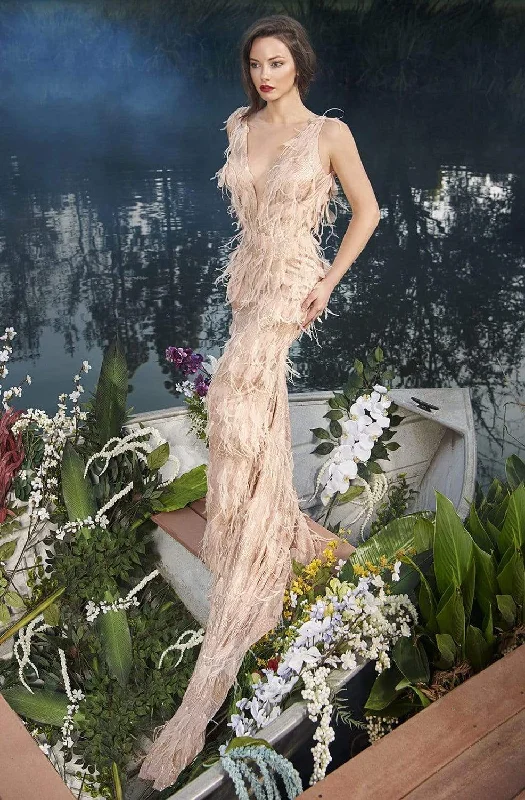 Nicole Bakti - 6924 Applique Deep V-neck Sheath Dress