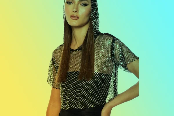   NORTH STAR RHINESTONE MESH HOODED CROP TOP